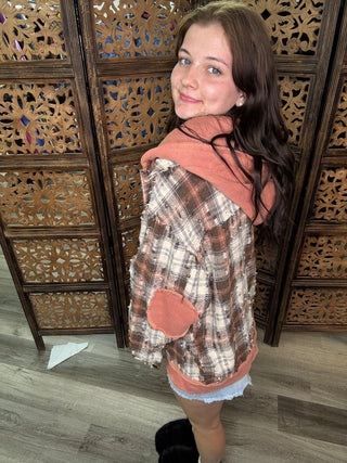 POL Snap Button Down Plaid Hooded Jacket Brown