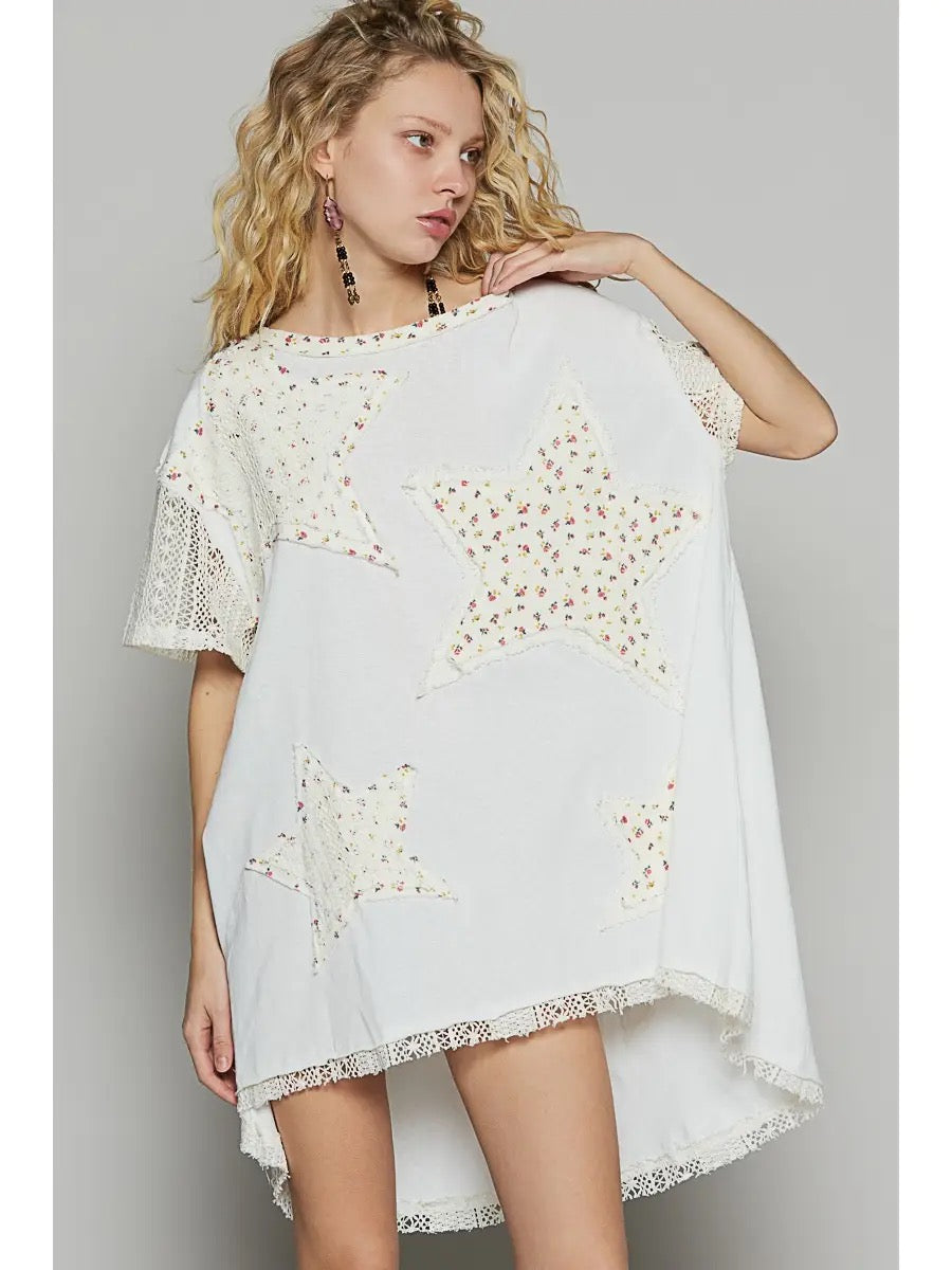 POL Star Crochet Sleeved Top - Charcoal, Almond, Off White - UKT488
