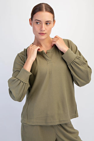 Rae Mode Waffle Knit Long Sleeve Lounge Top Olive