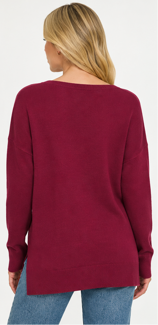 Zenana - Cashmere Feel V-neck Sweater - Dark Burgundy