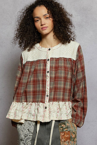 POL Round Neck Plaid Floral Top