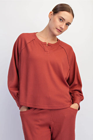 Rae Mode Waffle Knit Long Sleeve Lounge Top Brick
