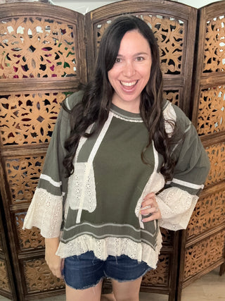 Pol Green Lace Trim Top