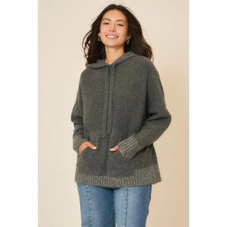 A relaxed-fit pullover hoodie sweater in heathered charcoal with a hood, self-tie drawstring, and kangaroo pocket.