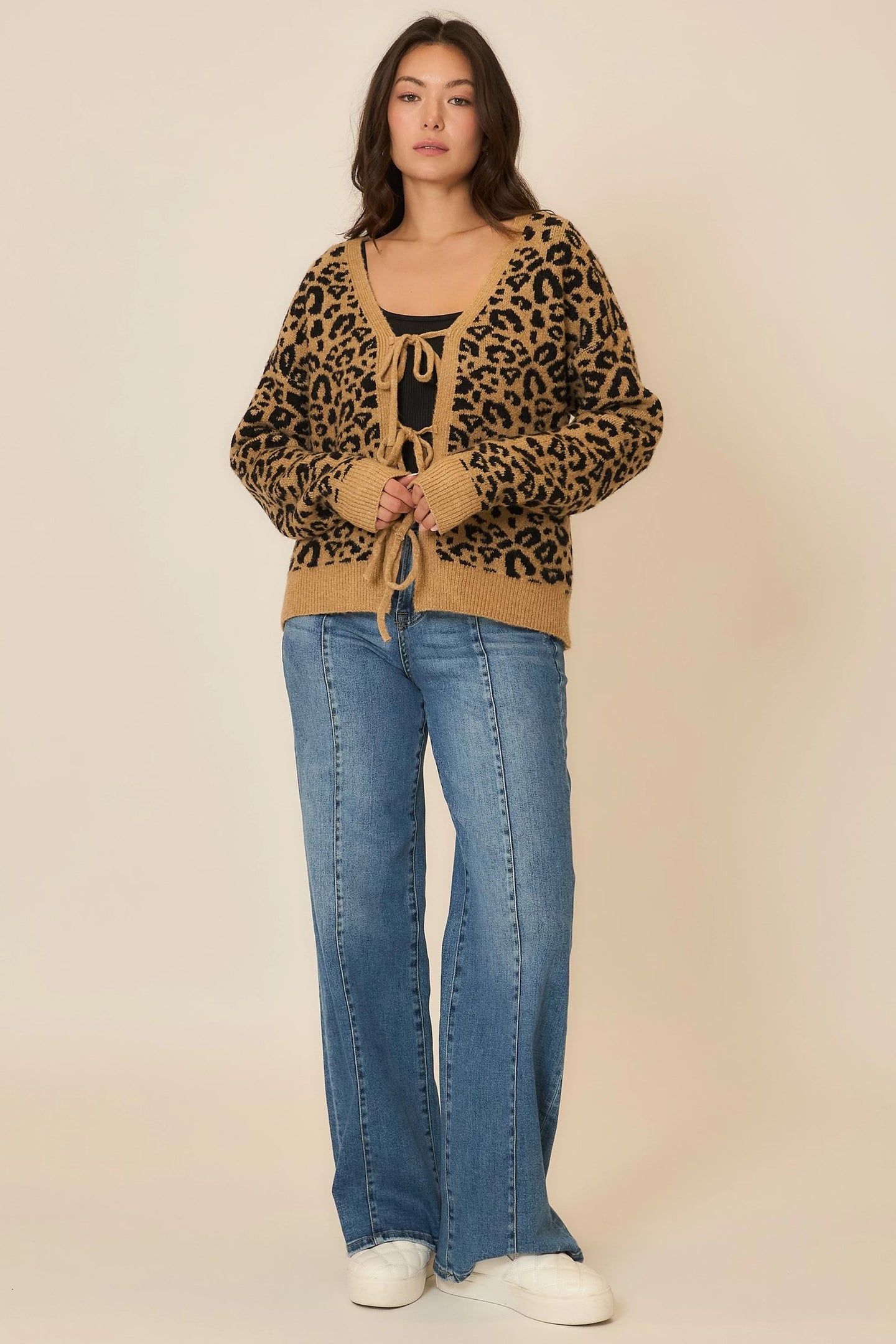 Cozy Co Animal Print Front Tie Soft Knit Cardigan – Statement Layer