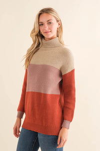 Cozy Co Color Block Mock Neck Knit Sweater – Viscose Blend