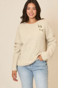 Cozy Co Floral Embroidered Dual Knit Sweater – Wool Blend