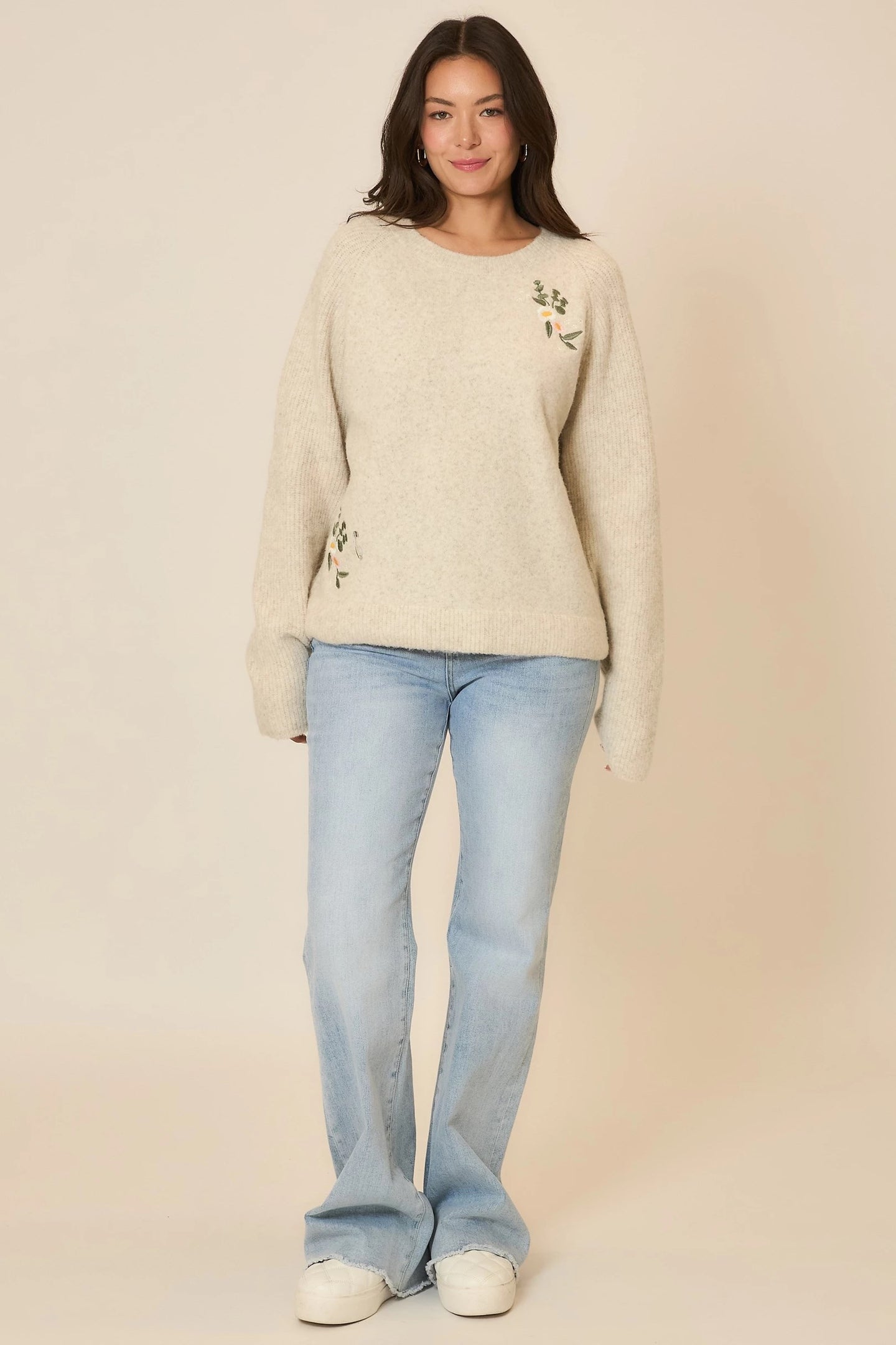 Cozy Co Floral Embroidered Dual Knit Sweater – Wool Blend