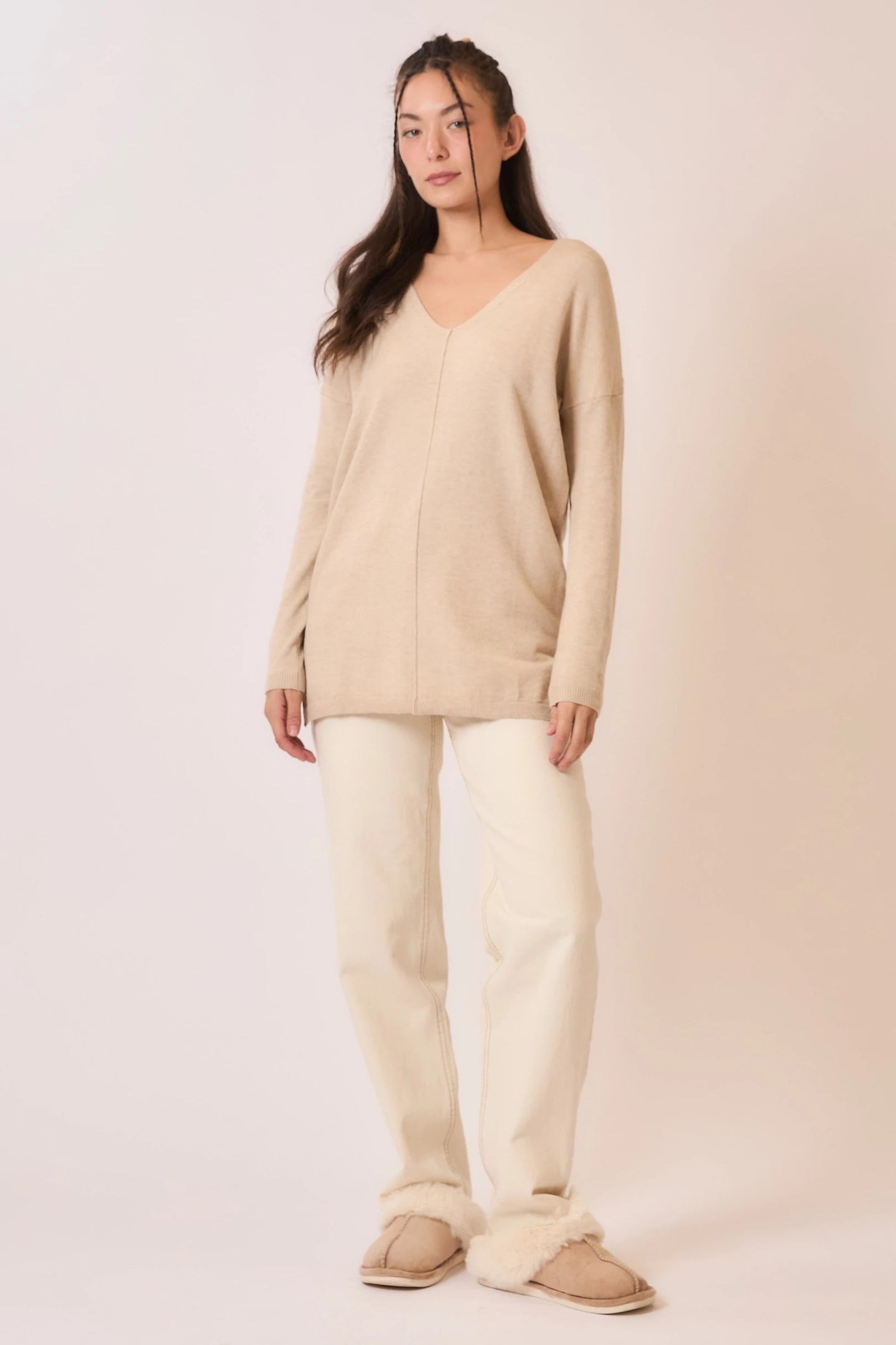 Cozy Co Soft Fine Knit Exposed Seam V-Neck Sweater – Viscose Blend