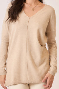 Cozy Co Soft Fine Knit Exposed Seam V-Neck Sweater – Viscose Blend