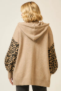 Cozy Co Hooded Leopard Print Contrast Cardigan with Pockets – Soft Knit Blend