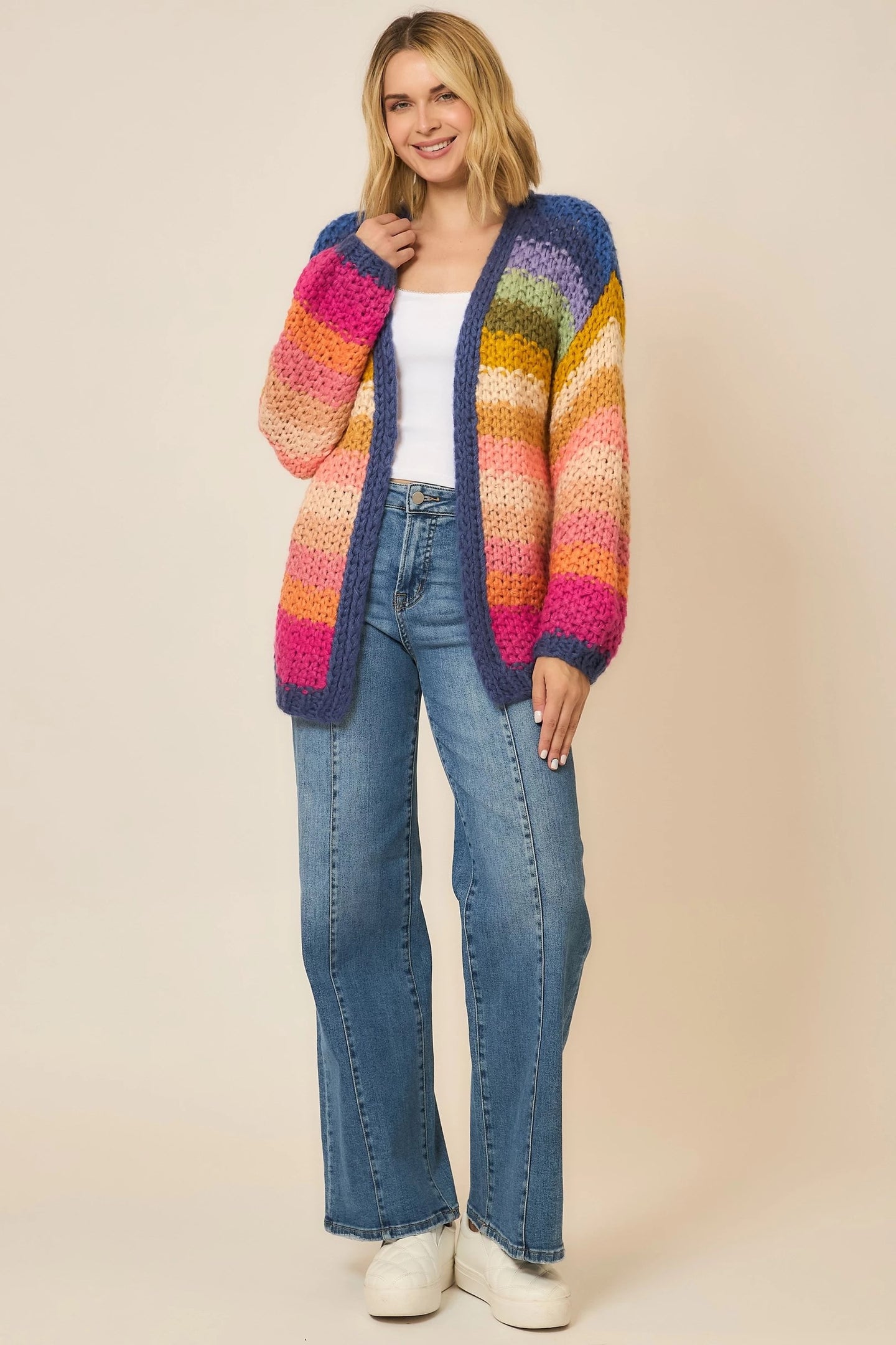 Cozy Co Multi Color Lantern Sleeve Handmade Cardigan – 100% Acrylic