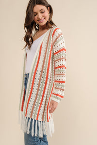 Cozy Co Multi-Color Striped Open Knit Fringe Cardigan