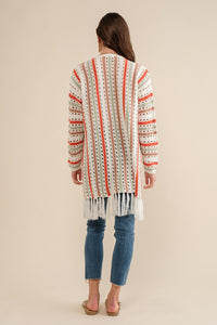 Cozy Co Multi-Color Striped Open Knit Fringe Cardigan