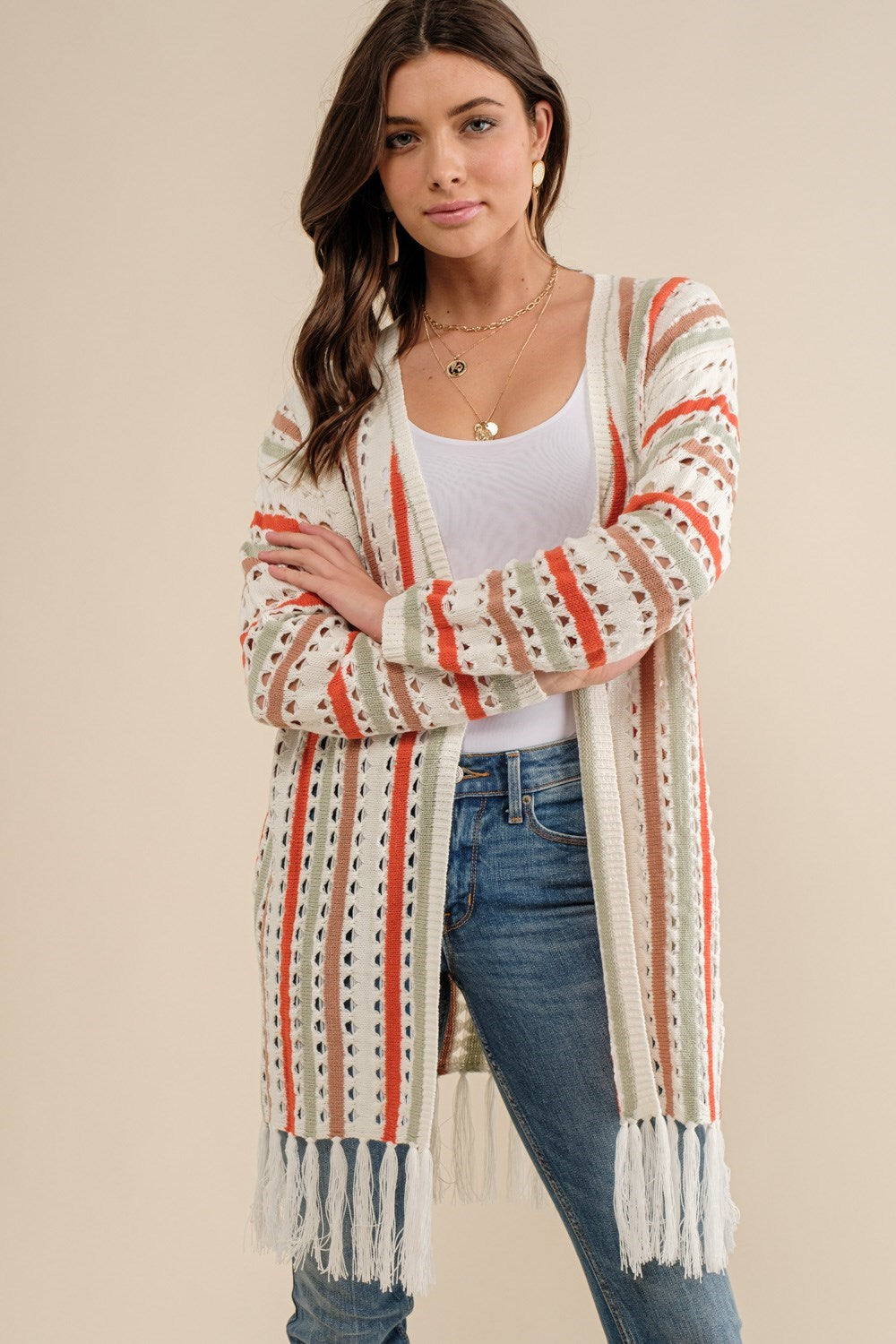 Cozy Co Multi-Color Striped Open Knit Fringe Cardigan