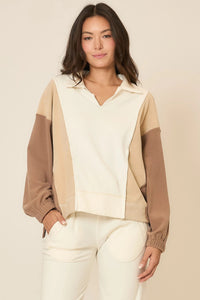 Cozy Co French Terry Color Block Collar Sweatshirt Top