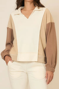 Cozy Co French Terry Color Block Collar Sweatshirt Top
