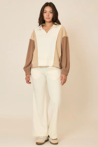 Cozy Co French Terry Color Block Collar Sweatshirt Top