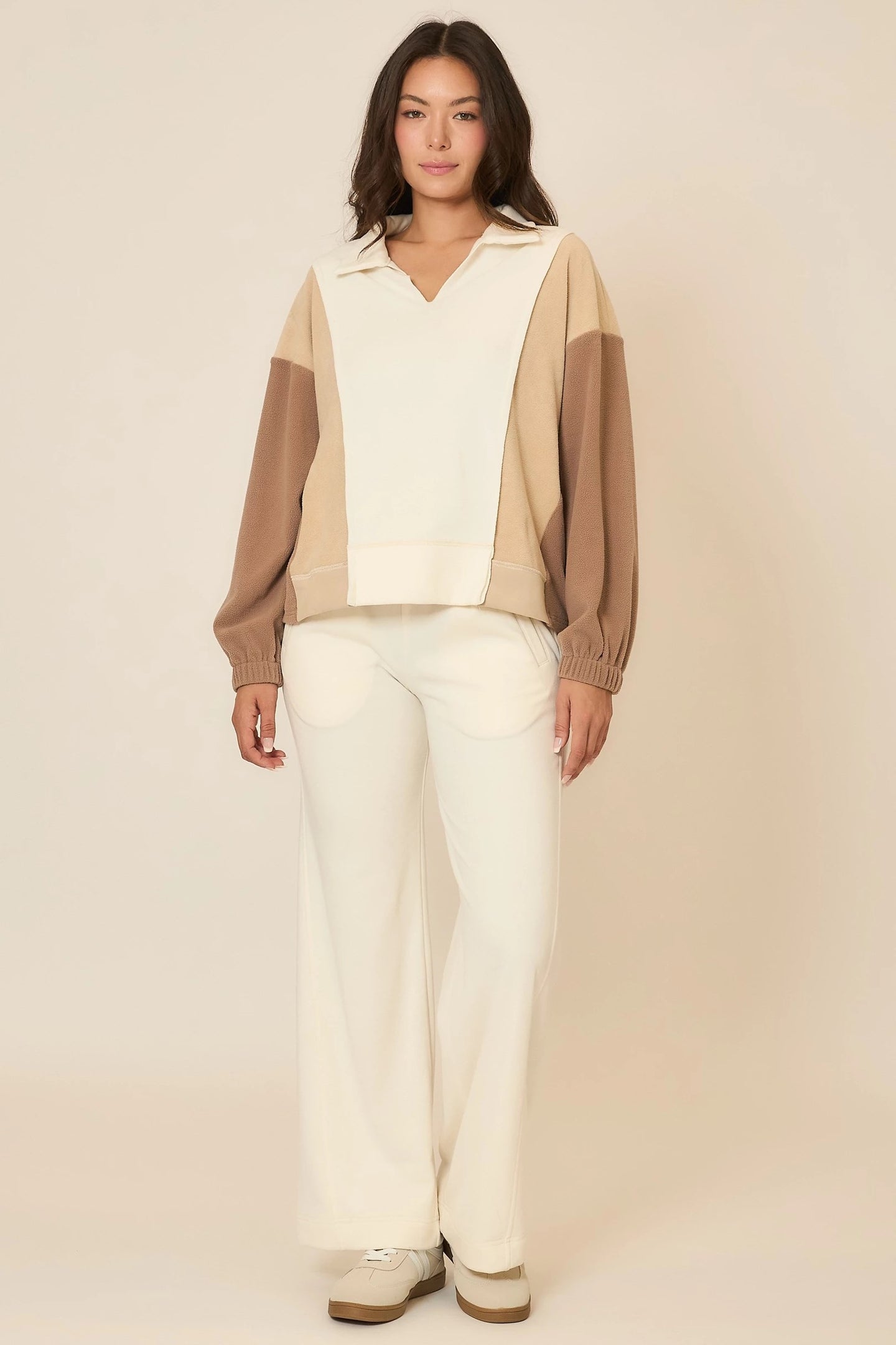 Cozy Co French Terry Color Block Collar Sweatshirt Top