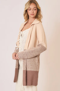 Cozy Co Waffle Knit Color Block Wide Collar Cardigan