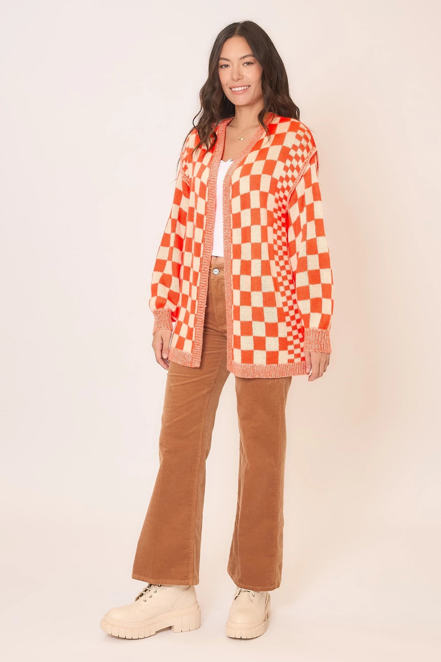Cozy Co Checker Knit Open Cardigan