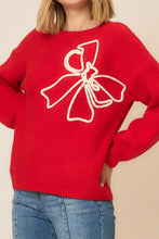 Load image into Gallery viewer, Cozy Co Soft Brushed Embroidered Bow Knit Sweater – Boutique Holiday Style
