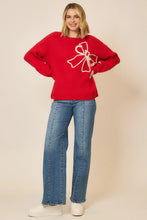 Load image into Gallery viewer, Cozy Co Soft Brushed Embroidered Bow Knit Sweater – Boutique Holiday Style
