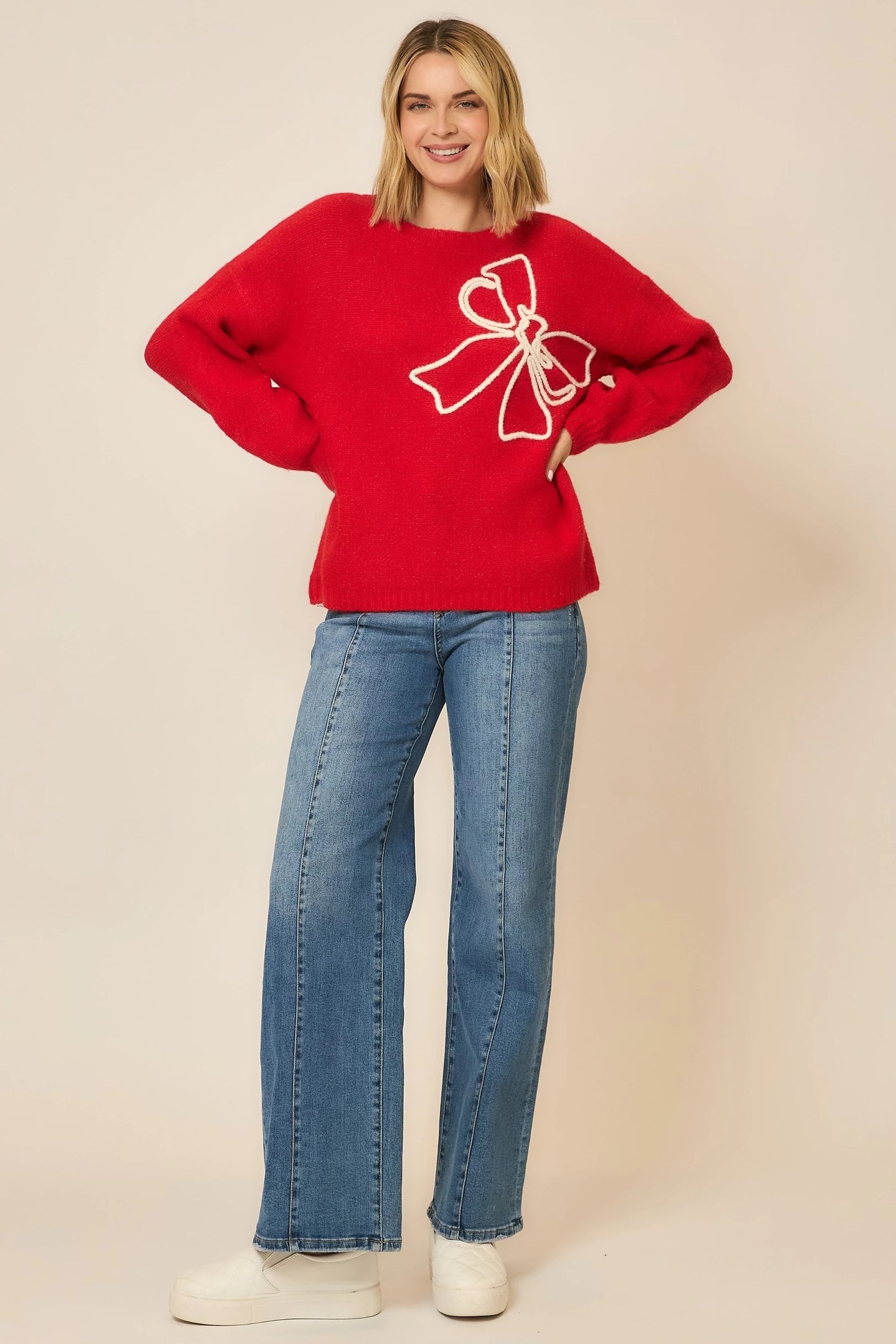 Cozy Co Soft Brushed Embroidered Bow Knit Sweater – Boutique Holiday Style