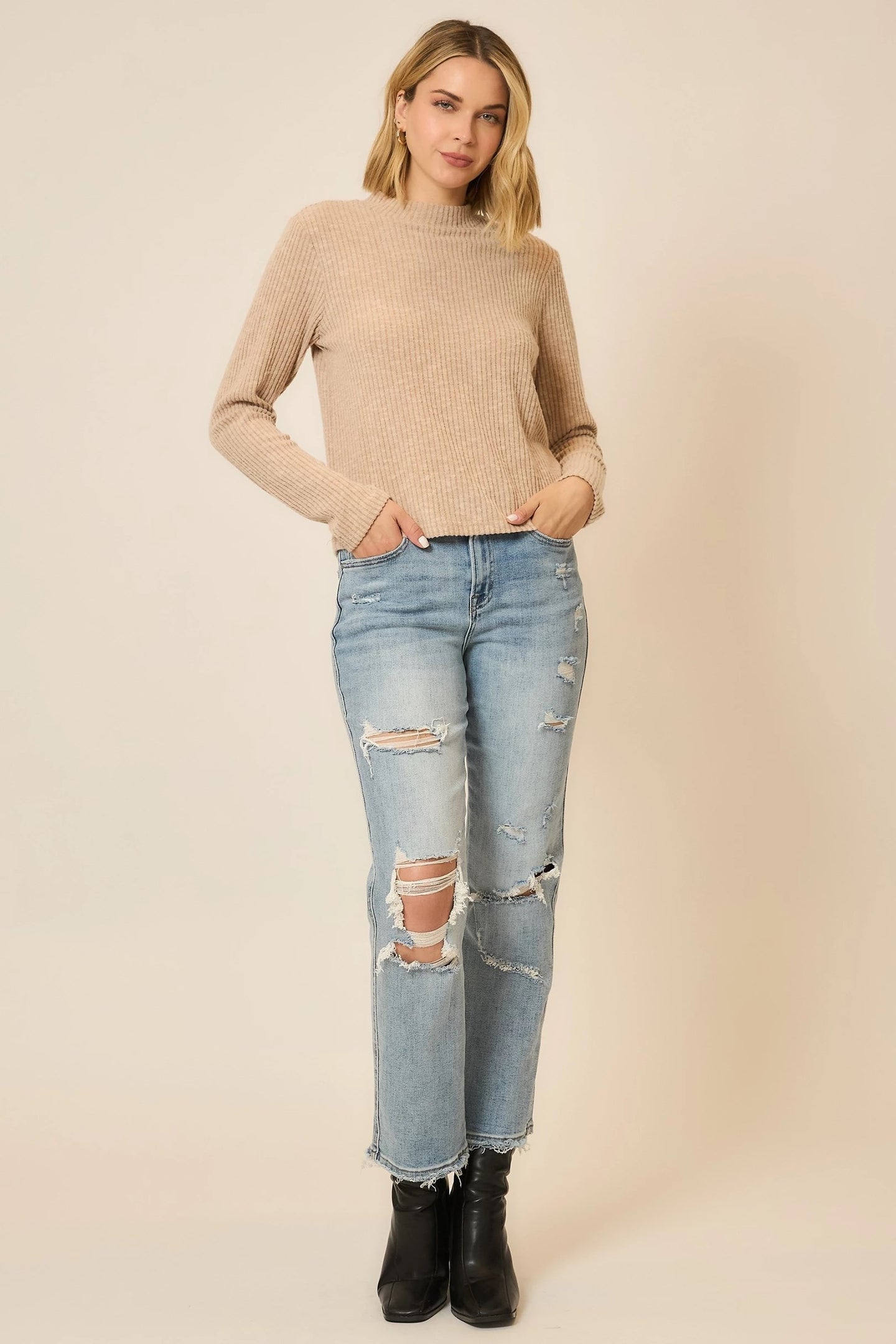 Cozy Co Brushed Rib Mock Neck Long Sleeve Top – Soft Stretch Blend