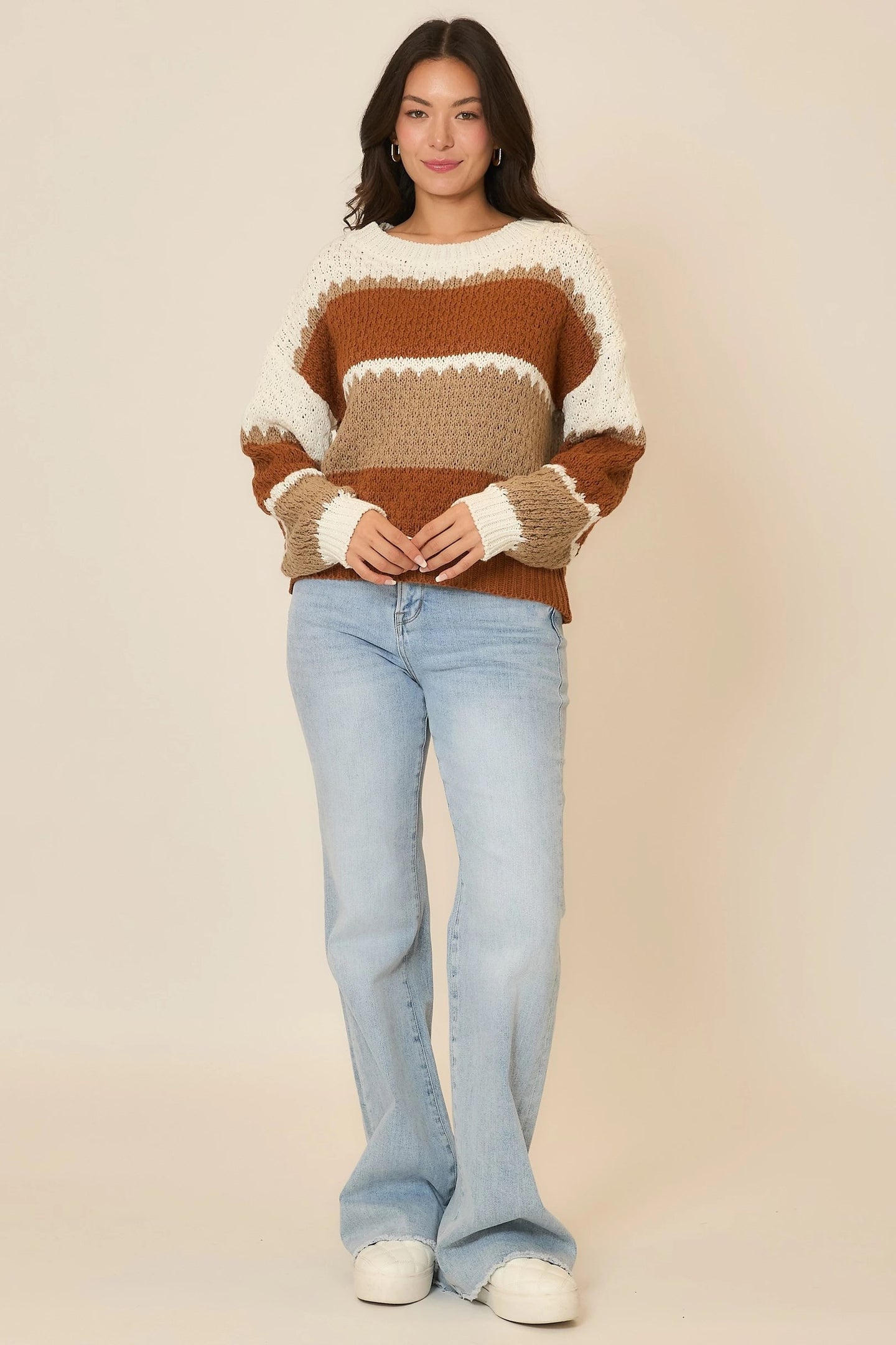 Cozy Co Color Block Scallop Knit Sweater – 100% Acrylic