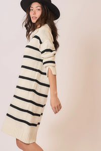 Stripe V-Neck Shawl Collar Knit Maxi Sweater Dress – 100% Acrylic