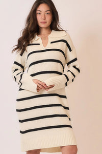 Stripe V-Neck Shawl Collar Knit Maxi Sweater Dress – 100% Acrylic