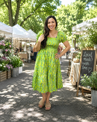 Easel - Lime Puff Sleeveless Printed Poplin Dress