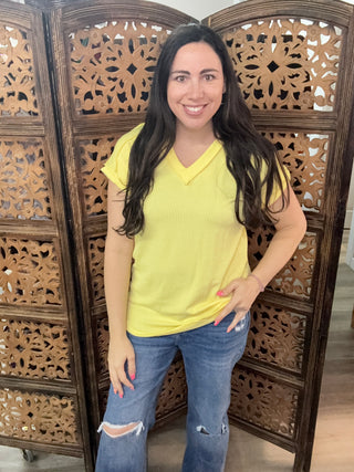 Heimish V-neck, Dolman Short Sleeve Ribbed Top- Yellow