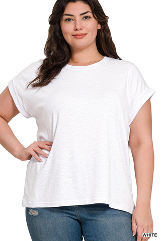 Zenana - Cotton Modal Slub Rolled Sleeve Tee - White