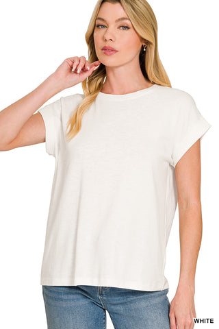 Zenana - Cotton Modal Slub Rolled Sleeve Tee - White