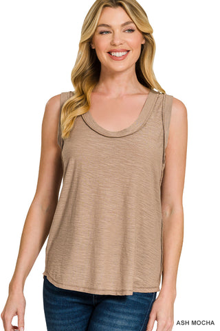 Zenana - Slub Raw Edge Detail Tank Top - Ash Mocha