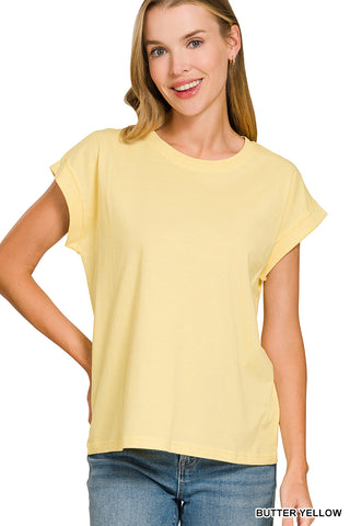 Zenana - Round Neck Folded Short Sleeve T-Shirt