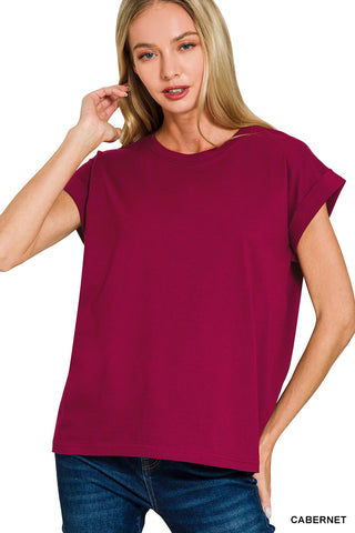 Zenana - Round Neck Folded Short Sleeve T-Shirt