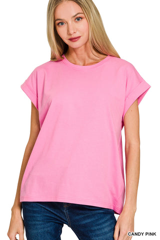 Zenana - Round Neck Folded Short Sleeve T-Shirt