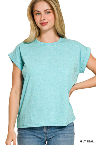 Zenana - Round Neck Folded Short Sleeve T-Shirt