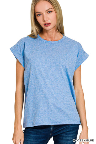 Zenana - Round Neck Folded Short Sleeve T-Shirt