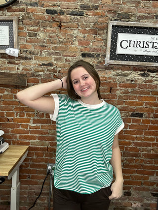 Zenana Striped Cuff Sleeve Tee - Kelly Green