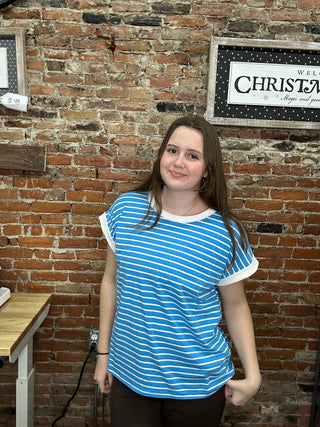 Zenana Striped Short Sleeve Tee- Light Blue