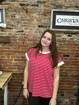Zenana Striped Short Sleeve Tee- Ruby