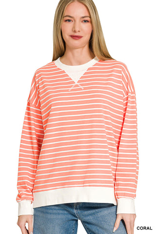 Zenana Striped Crewneck Sweatshirt- Coral