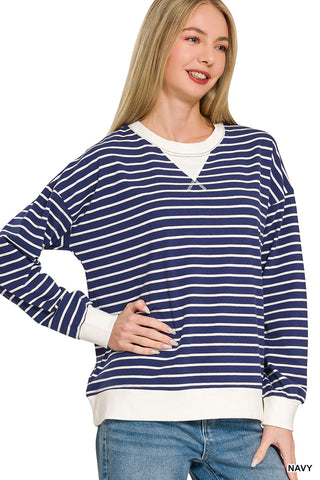 Zenana Striped Crewneck Sweatshirt- Navy