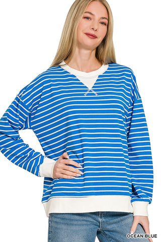 Zenana Striped Crewneck Sweatshirt- Ocean Blue