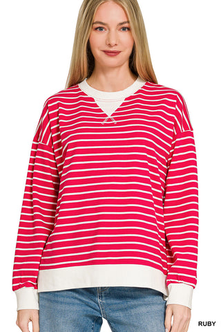Zenana Striped Crewneck Sweatshirt- Ruby