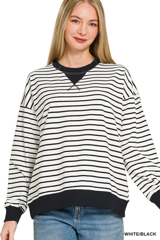 Zenana Striped Crewneck Sweatshirt- White/Black